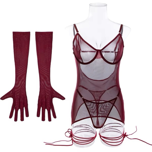 Red Sheer Lingerie Dress + Panties + Gloves Strap Set - Picture 7 of 8